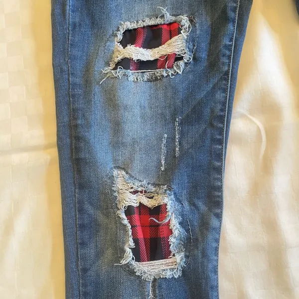 Judy Blue Size 9/29 Buffalo Plaid Patch Skinny Blue Ripped Denim Jeans JB8268DK - Image 7
