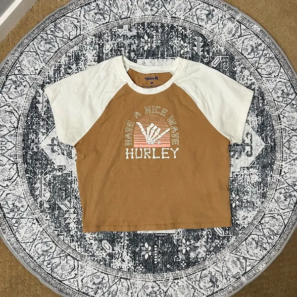 Hurley Semi Cropped Brown & White Cotton T-shirt - Size L - Image 2