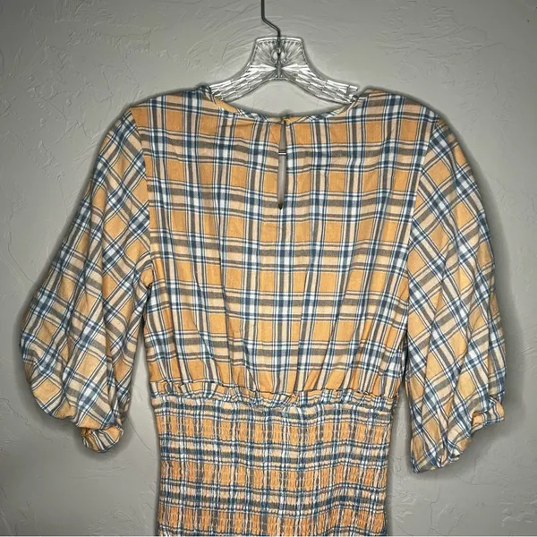 Mable Southern Peach Plaid Deep V Neck Smocked Skirt Puff‎ Sleeve Mini Dress - Image 10
