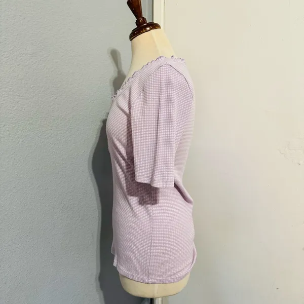LOFT Women Lilac‎ Y2K Textured Waffle Scoopneck Pointelle Ruffle Henley Top Sz L - Image 5