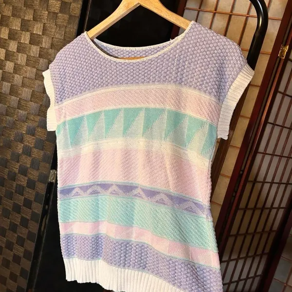 Vintage Sweater Vest Pastel Geometric Knit 80s Grandmacore Cottagecore College - Image 4