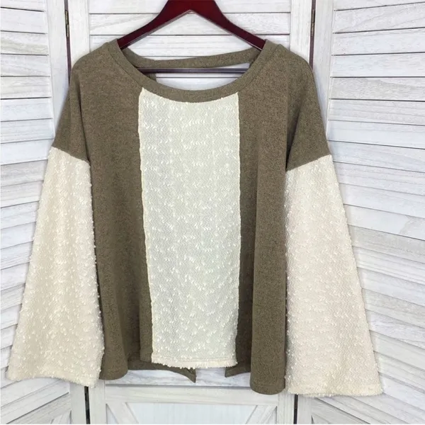 POL Open Tie Back Sweater Bell Sleeve Color Block Brown Cream Large‎ Boho - Image 8