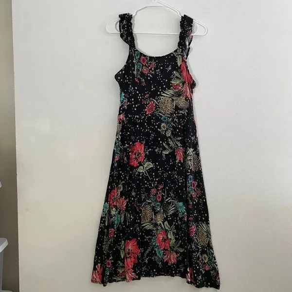 Maurices 24/7 Floral Midi Dress Medium Black Ruffle Strap Boho Cottagecore - Image 2