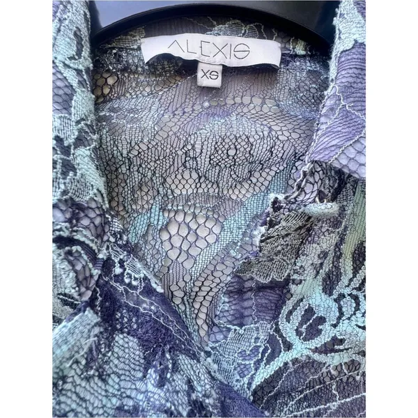 Alexis Floral Lace Blouson Sleeve Sheer Button Front Silk Blouse Romantic XS - Image 4