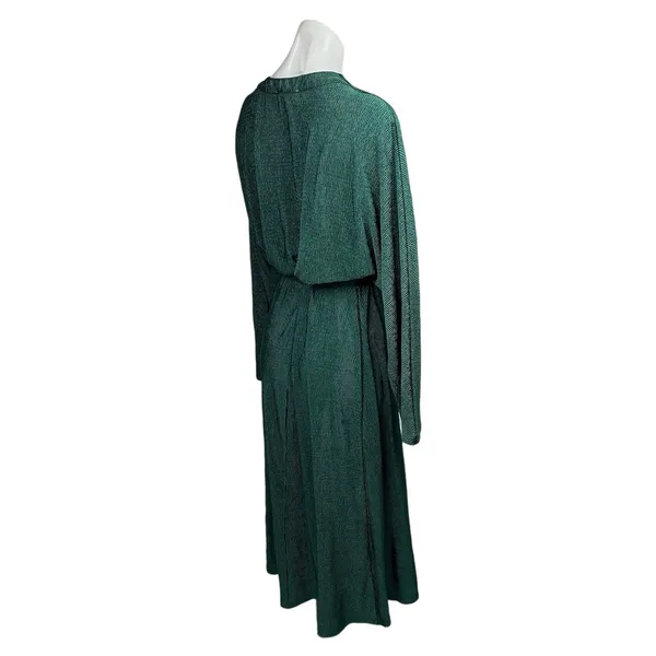 All in Favor Emerald Green V Neck Long Sleeve Crinkle Tie Waist Midi Dress Sz S - Image 3