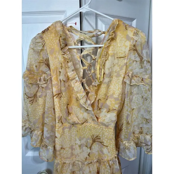 Saints + Secrets Yellow Floral Lace-Up Flare Sleeve Midi Dress Size 6 - Image 3