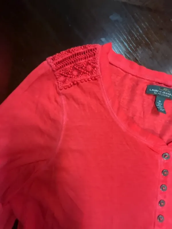 Lauren Jeans Co. Ralph Lauren Women's Red Henley Shirt with Crochet Shoulder Det - Image 5