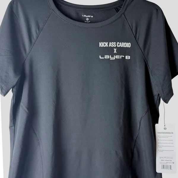 Layer 8 Power Performance Tee Womens Medium‎ Black Graphic Cardio Gym Shirt NEW - Image 2