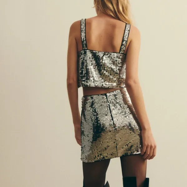 Reformation Sequin Two Piece Set: Kayla Crop Top (M) and Feliz Skirt (12) - Image 10