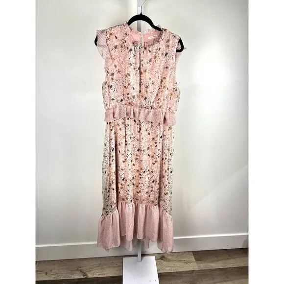 Ellison Pink Floral Polka Dot Mixed Print Ruffle Tiered Midi Dress Size L - Image 12
