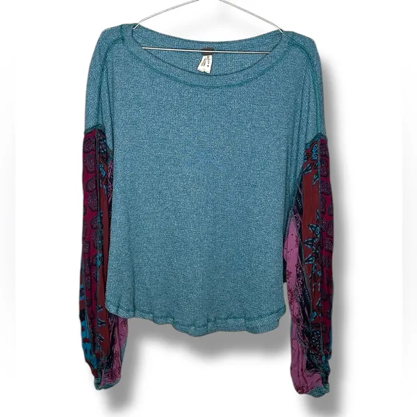We The Free Oversized Waffle Knit Top Boho Patchwork Sleeves Sz S - Image 2