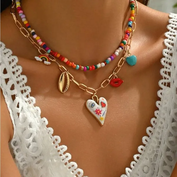 😍😍😍BOGOHO 😍😍😍Multicolor Heart Pendant Necklace Set Gold - Image 2