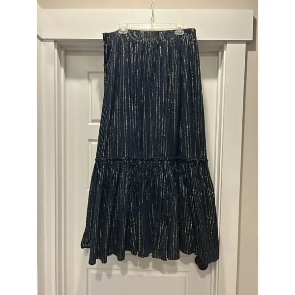 Boden Skirt Womens 14 Maxi Navy Gold Stripe Tiered Broomstick Lined Pull On Boho - Image 3