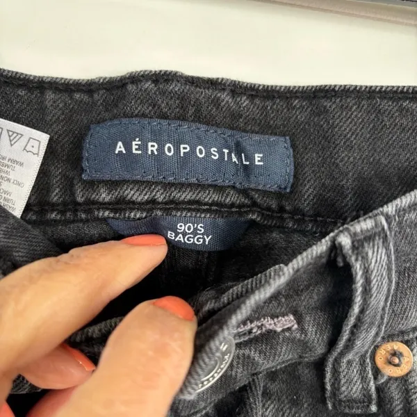 Aeropostale 90s Baggy Jeans Size 000 REG Washed Black Distressed Button Fly - Image 3