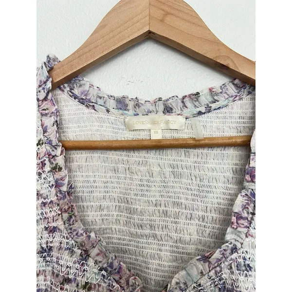 LOVESHACKFANCY Floral Smocked Mini Dress Puff Sleeve Asymmetric Ruffle Coquette - Image 12