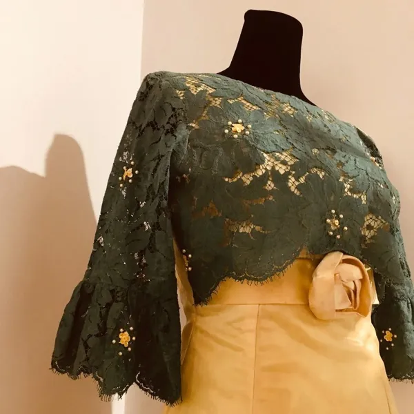 UNBRANDED Hand-Made Vintage 60s Green Lace Yellow Satin Beaded Fitted Dress XXS - Image 8