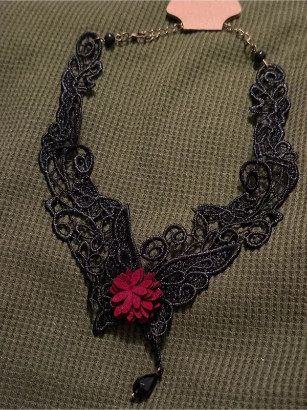 Goth Black Lace Choker Necklace with Red Flower Accent - Image 3