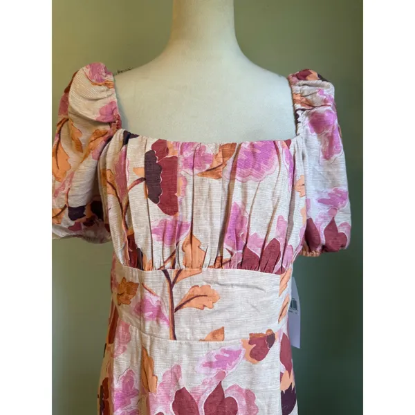 London Times Floral Linen Puff Midi Dress Pink 10 Boho resort whimsigoth cottage dainty roman - Image 3