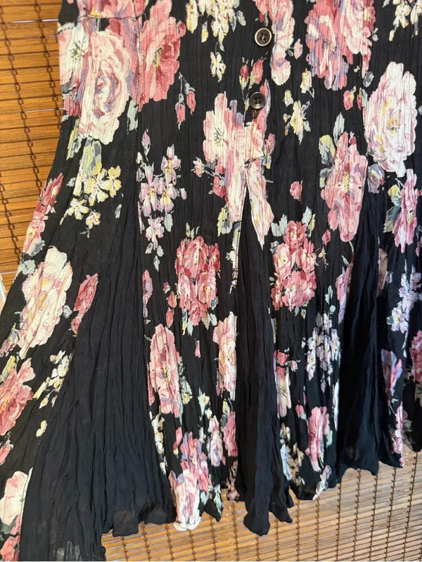 Vintage Neo Nostalgia Black Pink Floral Crinkle Mini Dress Small - Image 3