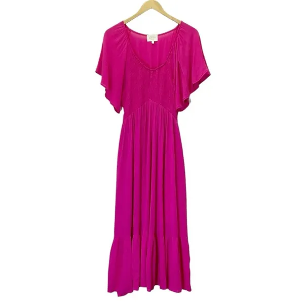 Bohme Saltwater Smocked Midi Dress Large Fuchsia Pink Flutter Sleeve Boho - Image 2