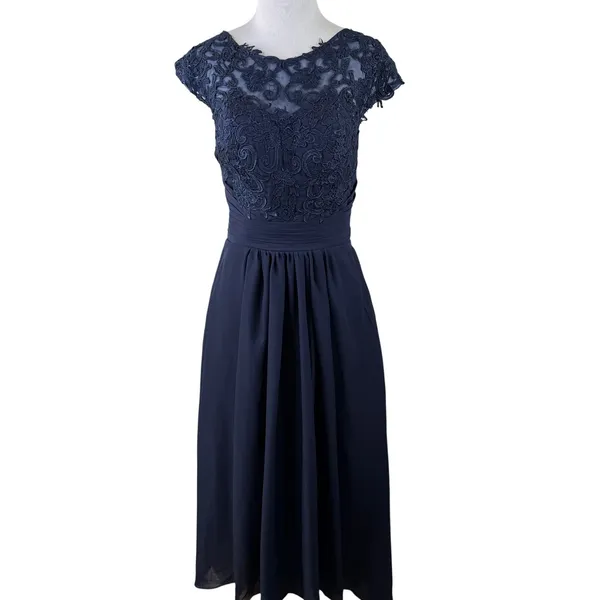 SU Dress Navy Blue Lace Chiffon Bridesmaid Prom Evening Gown NWT Size 6 - Image 3