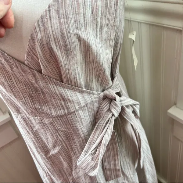 AFTER MARKET‎ Striped Wrap Midi Dress Beige Tan Spaghetti Strap Tie Waist - Image 3