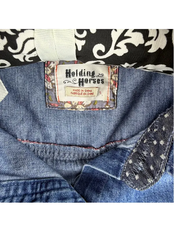 Holding Horses Anthropologie Denim Crane Embroidered Button Down Shirt Layering - Image 3
