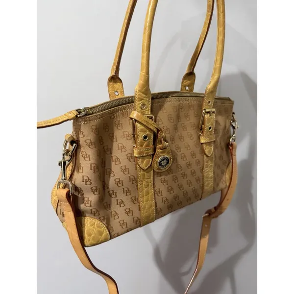 Vtg Dooney‎ & Bourke Y2K Satchel Handbag Monogram Canvas Croc Embossed Trim F - Image 4
