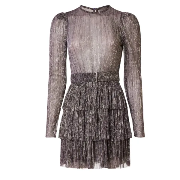 Sabina Musayev Purple Tiered Ruffle Mini Dress XS Plisse Metallic Cocktail $285 - Image 10