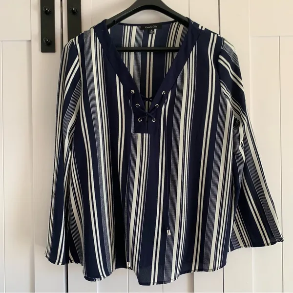 Karina & Chloe Womens XL Navy White Stripe Lace Up Peasant Boho Blouse Top - Image 3