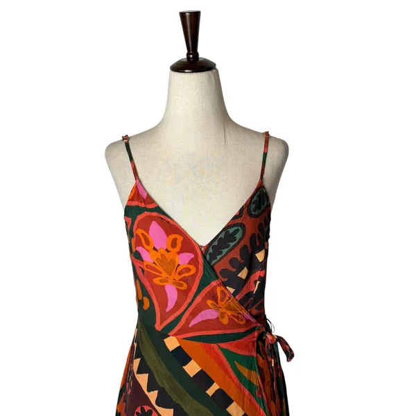 FARM‎ Rio Hanky Wrap Midi Dress Women Small Orange Red Boho Tropical Anthro - Image 4