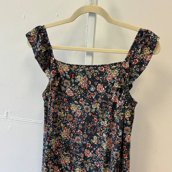 LOFT Floral Ruffle Strap Square Neck Mini Dress Black Multicolor Small Boho Soft - Image 3
