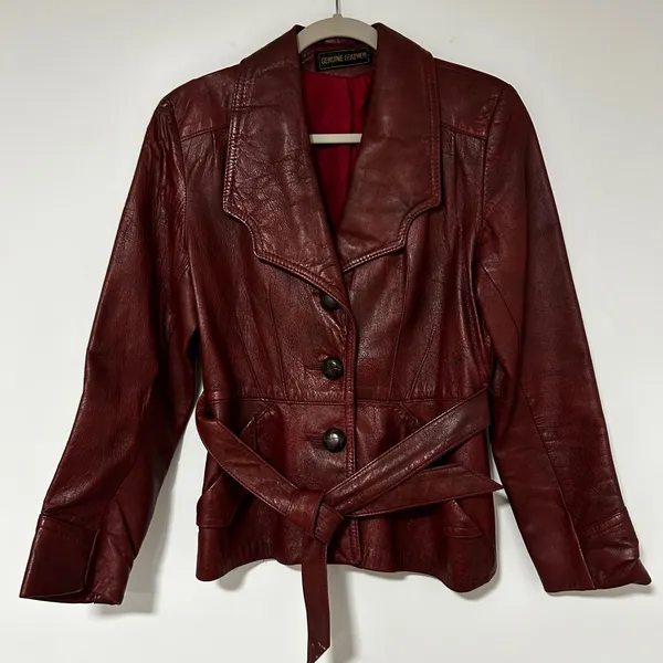 Womens Genuine Leather Belted Blazer Jacket Burgundy Size‎ Small - Image 12
