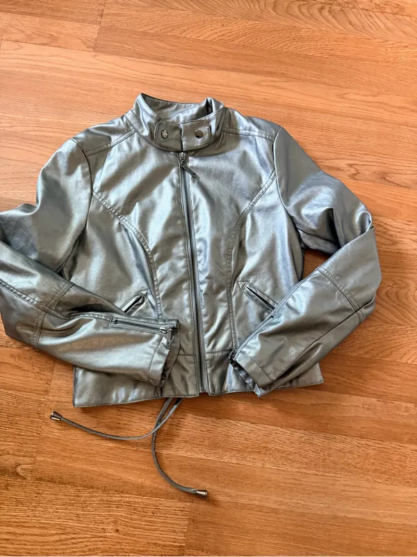 therapy Silver Metallic Faux Leather Varsity Jacket - Image 5