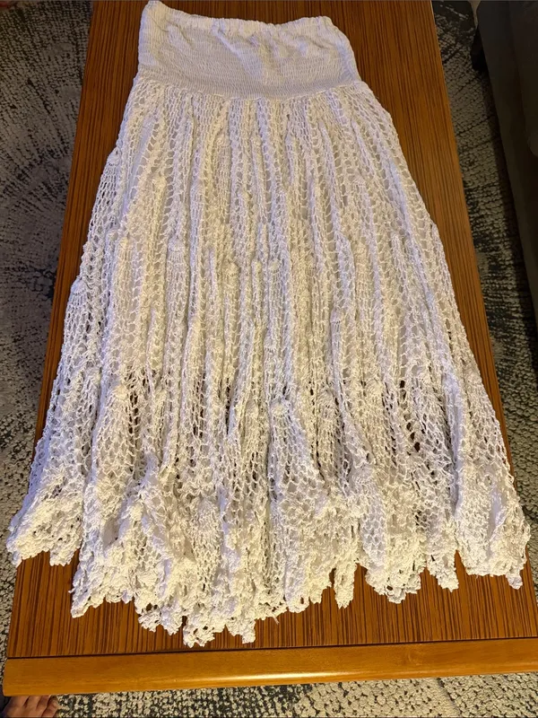 Raviya White Crochet Maxi Skirt – Bohemian Lace Panel Design - Image 3