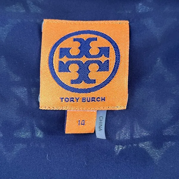 Tory Burch Women's Navy Blue Geometric Lace Overlay Sheath Dress Size 14 - Image 7