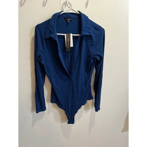 Violets & Roses NWT Women Small Blue Ribbed Knit Long Sleeve Bodysuit Fall Chic - Image 4