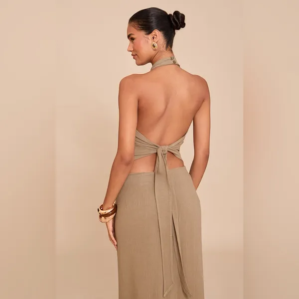PRETTY LITTLE THING Khaki Textured Halterneck Tie Back Top - Image 2