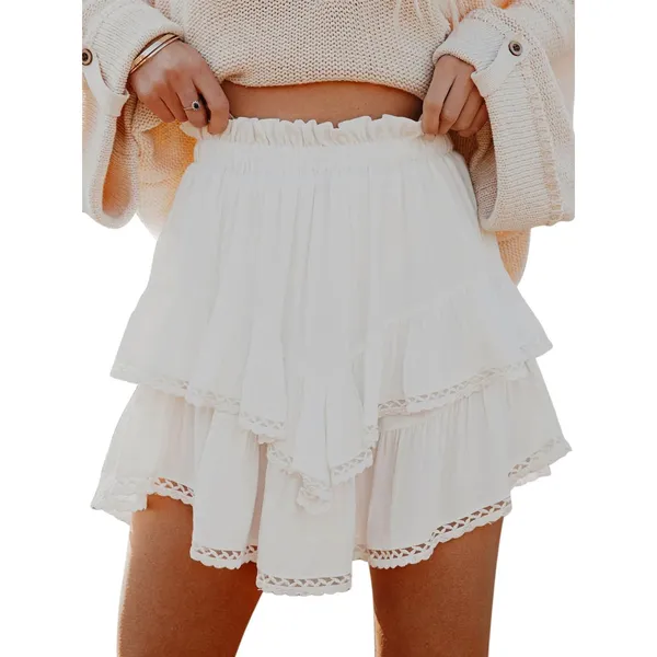 NWT White Flowy Shorts Women Boho Ruffle Tiered Skort Crochet Lace Mini XS - Image 2