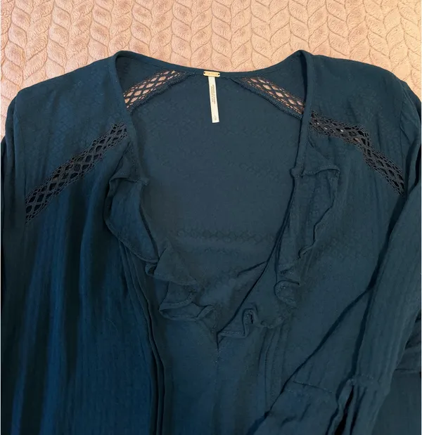 Free People Navy Blue Peasant Ruffled Long Sleeve Babydoll Tunic - Image 4