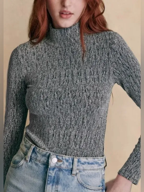 SEZANE Silver Nemy Jumper Size XS Metallic Mock Neck Turtleneck Top Long Sleeve - Image 2
