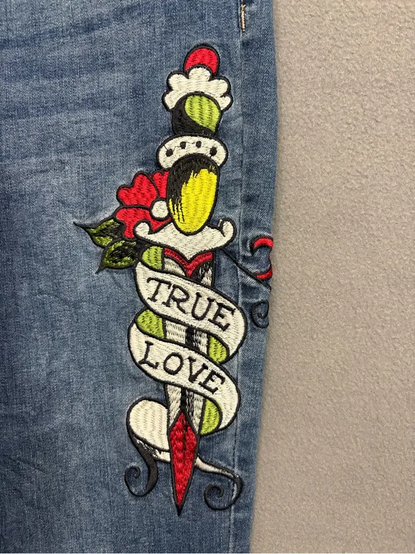 Ed Hardy Blue Flare Jeans with Colorful 'True Love' Embroidery 30 Y2K Grunge - Image 3