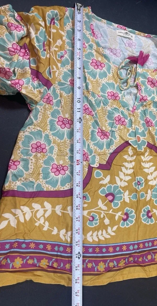 Natural Life Boho Floral Tassel Peasant Top M Mustard Teal Pink 3/4 Sleeve - Image 9