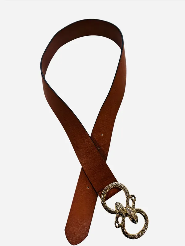 Express Brown Faux Leather Snake Buckle Belt Gold Snake Head Size Small - Image 5