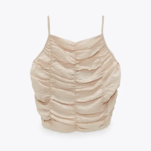 Zara Ruched Halter Crop Top Light Tan Brown Smocked Draped Size S - Image 2