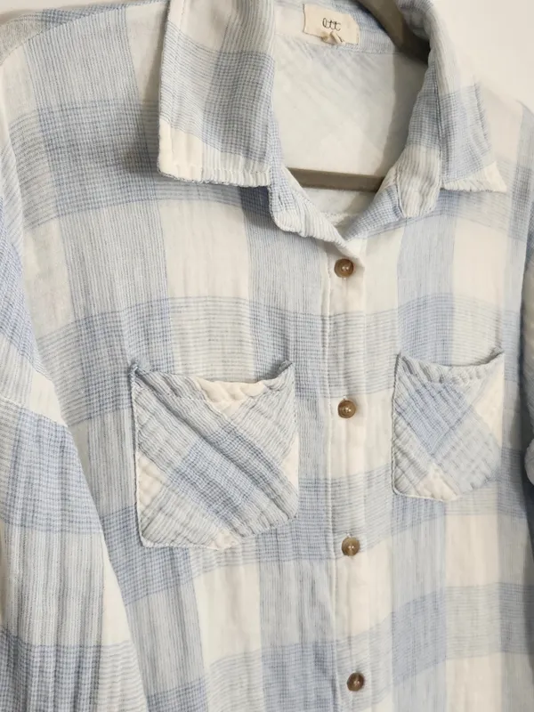 OTT Light Blue and White Check Cotton Gauze Button Down Shirt Size XL - Image 4