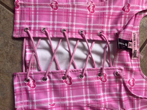 Dolls Kill Pink Plaid Lace-Up Crop Top with Bratz Heart Print - Image 8