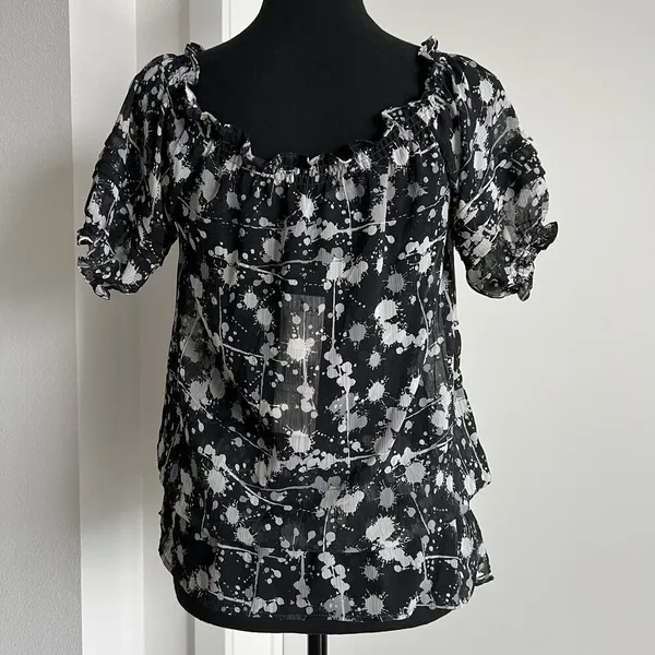 Miley Cyrus Max Azria Tunic Womens Small Black White Drawstring Georgette Sheer - Image 3
