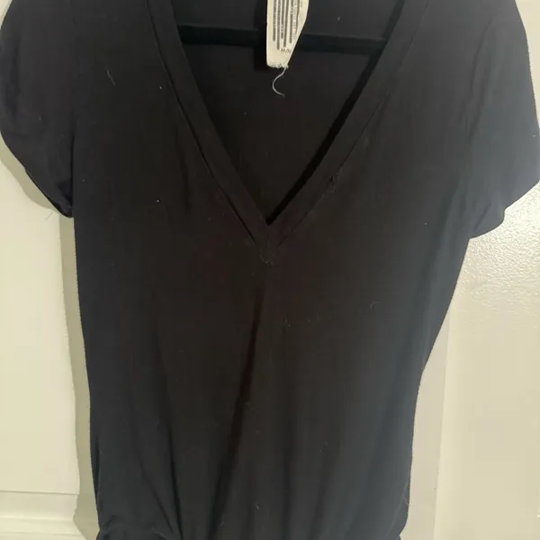 Free People Women's M Black Deep V Neck Short Sleeve Bodysuit Stretch - Image 2