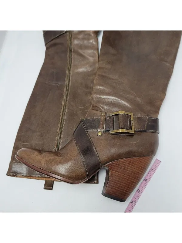 Frye Andrea Belted Tall Full Zip Brown Leather Riding Boot Size 10M 77321 - Image 4
